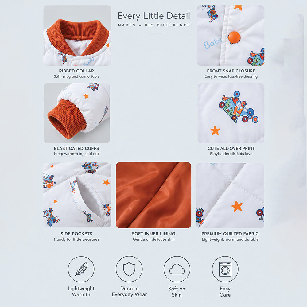 Little Surprise Box Ivory & Brown Plane Quilted Bomber Winter Jacket for Kids