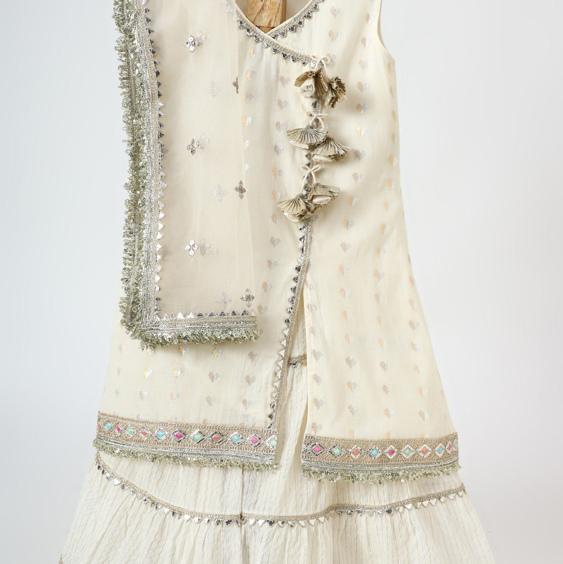 Off White Mirror Embellished Angrakha Kurta Sharara Set - image 4