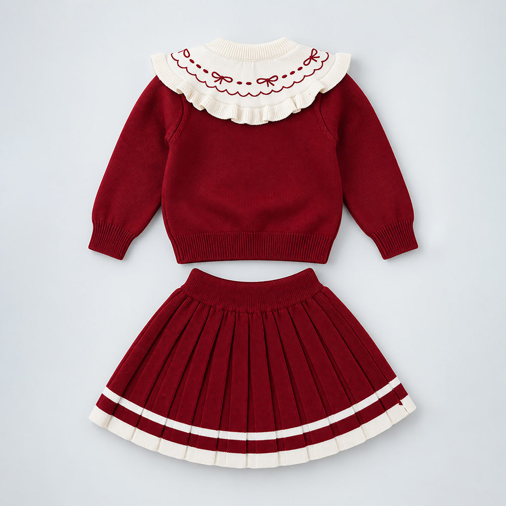 Little Surprise Box, Maroon Ruffle-Collar Sweater & Pleated Skirt with Bow Pom-Pom Clip, Winterwear 2 Pcs Set for Girls