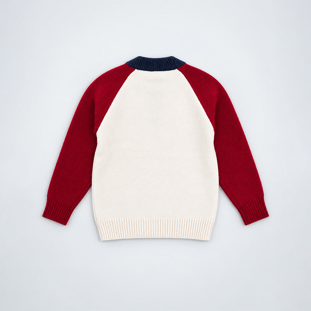 Little Surprise Box, Cream & Maroon Sporty Bear Winter Cardigan, Christmas Sweater for Kids