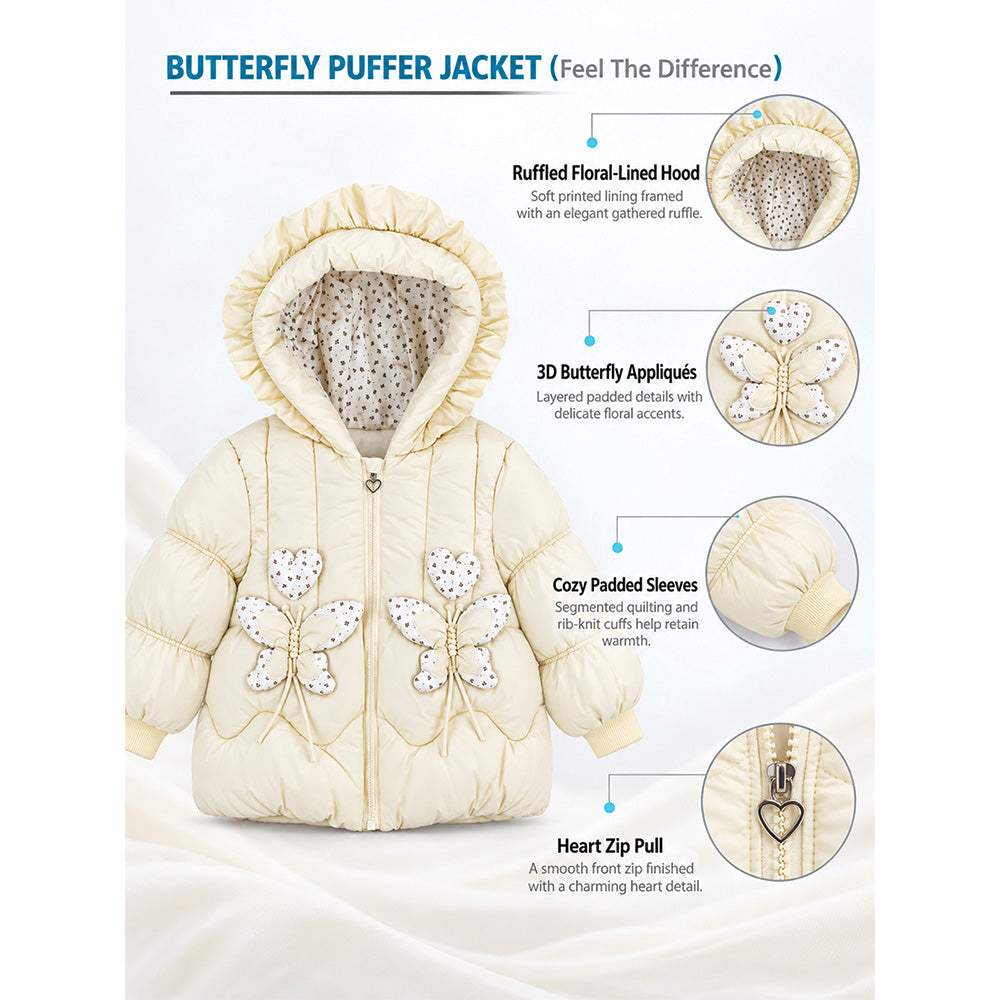 Little Surprise Box Pastel Yellow Butterfly Heart Quilted Hooded Winter Jacket for Kids