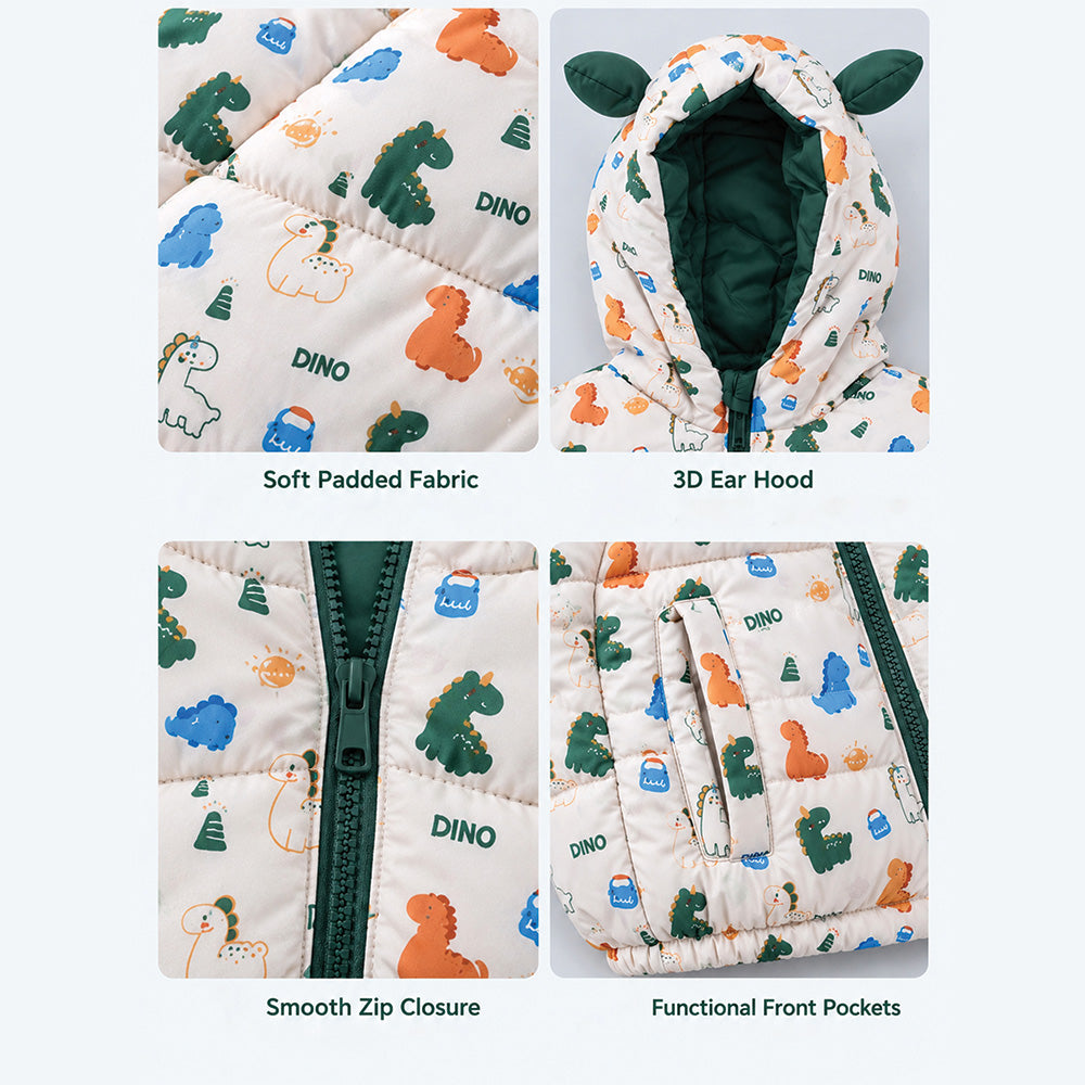 Little Surprise Box Cream & Green Baby Dino Quilted Hooded Winter Jacket for Kids