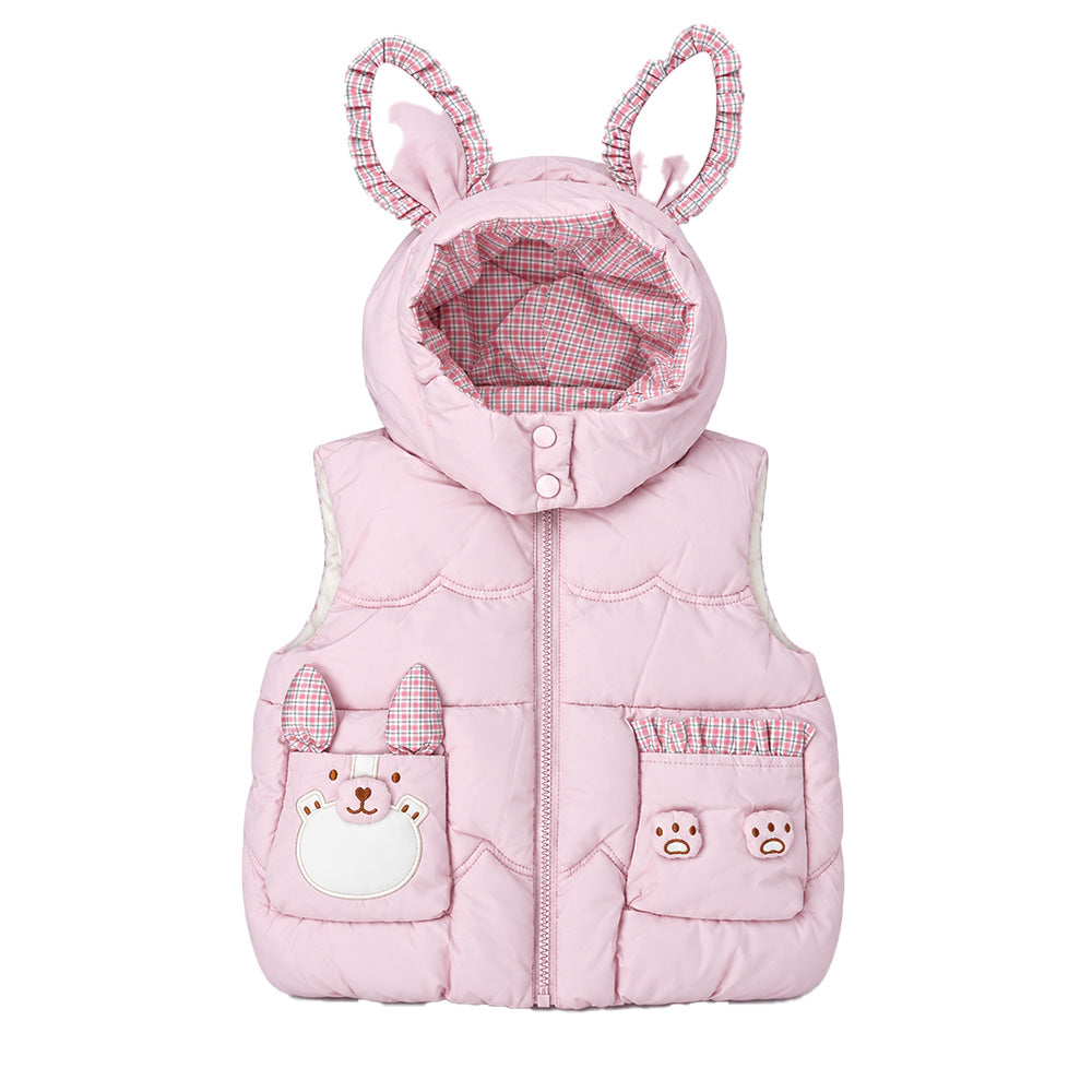 Little Surprise Box Peach Bunny-Themed Quilted Hooded Sleeveless Winter Jacket for Kids