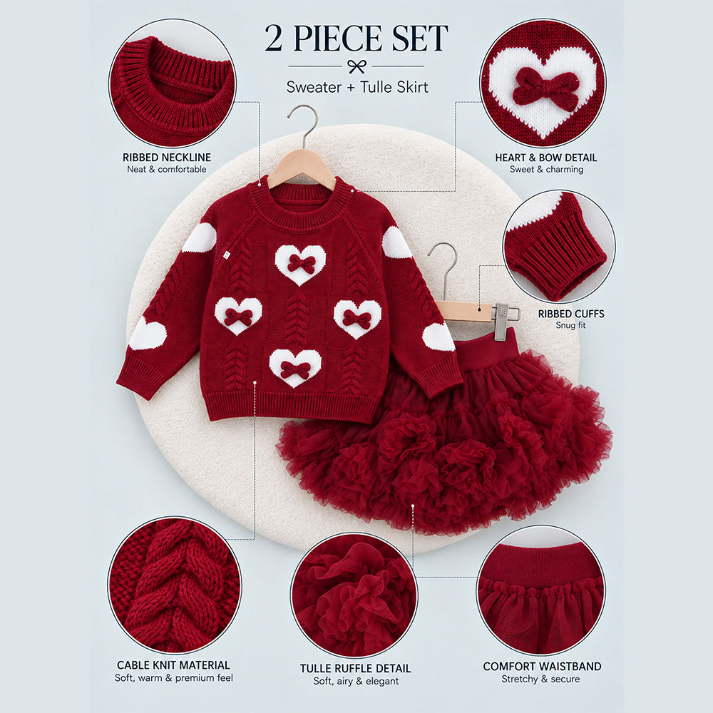 Little Surprise Box, Maroon Heart & Bow Sweater with Fluffy Ruffle Skirt, Winterwear, 2 Pcs Set for Girls