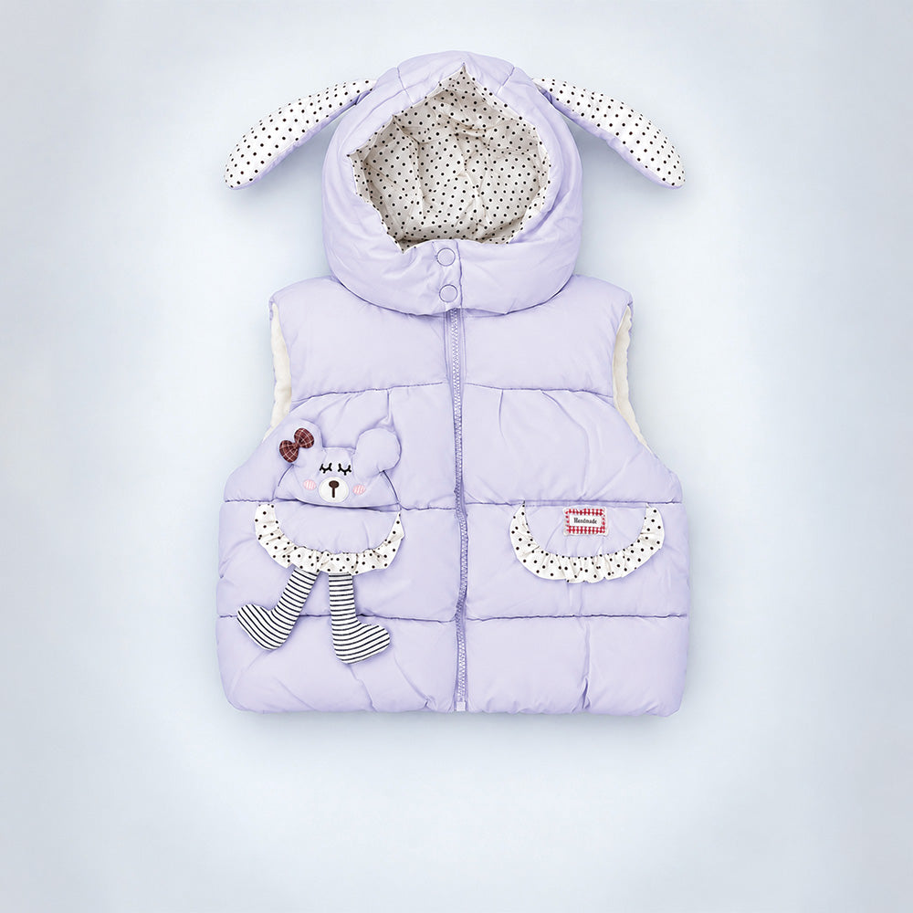 Little Surprise Box Purple Polka Dots Cute Character-Themed Quilted Hooded Sleeveless Winter Jacket for Kids