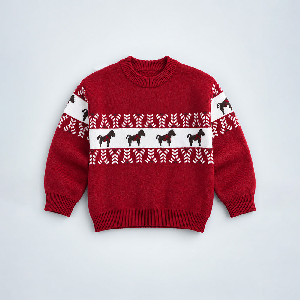 Little Surprise Box, Red Horse Pattern Knitted Winter Cardigan, Christmas Sweater for Kids