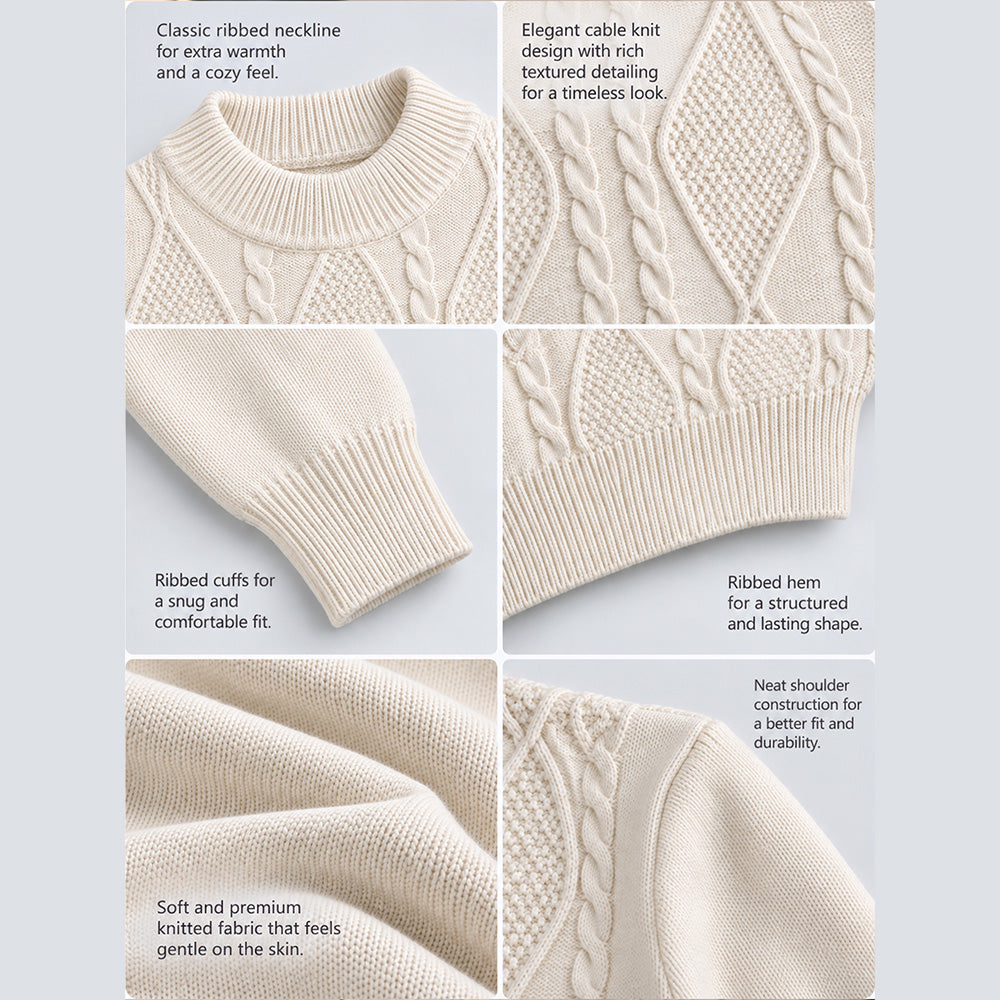Little Surprise Box, Cream Cable-Knit Winter Cardigan, Christmas Sweater for Kids