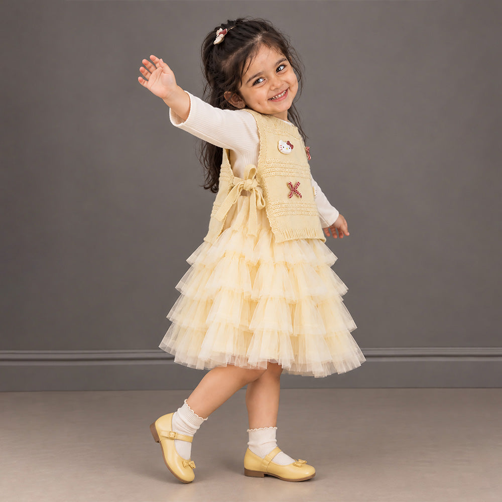 Little Surprise Box, Light Green Kitty Knitted Vest & White-Yellow Ruffle Frock Winterwear 2 Pcs Set for Girls