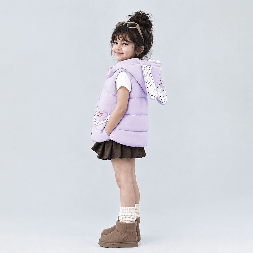 Little Surprise Box Purple Polka Dots Cute Character-Themed Quilted Hooded Sleeveless Winter Jacket for Kids