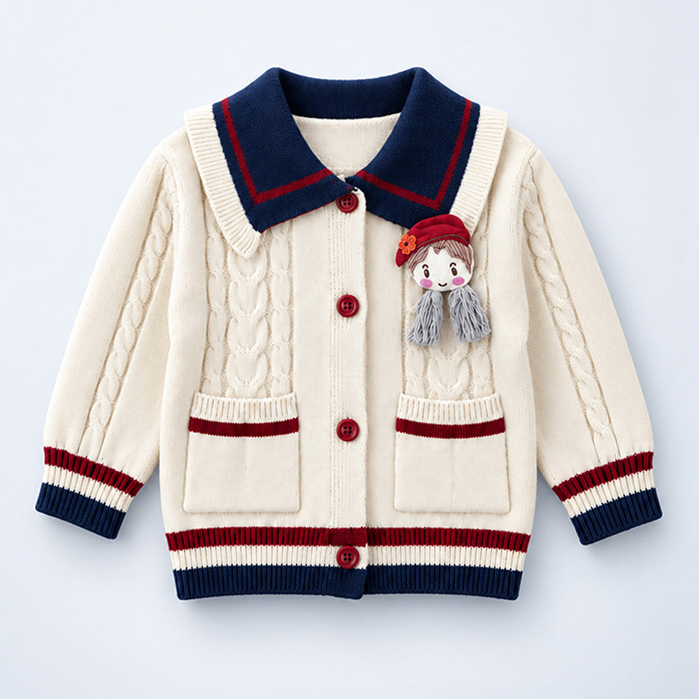 Little Surprise Box, Dusty Beige Cable-Knit Sailor Collar Winter Cardigan Sweater with Detachable Doll Clip for Girls
