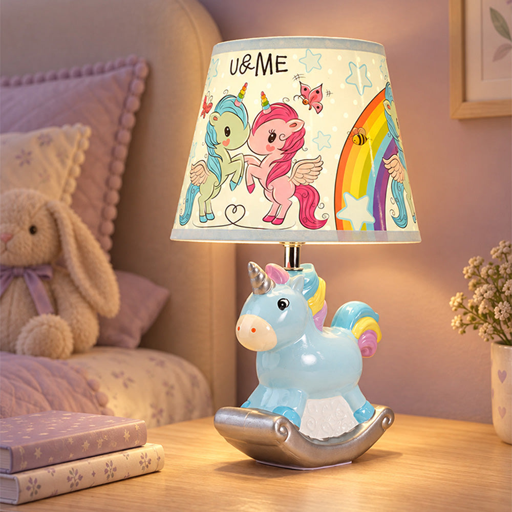 Little Surprise Box, Pink ceramic Rocking Unicorn side Bed Table Lamp, Kids Room Decor
