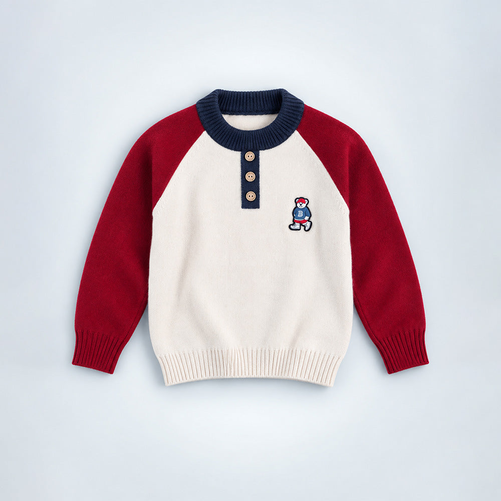 Little Surprise Box, Cream & Maroon Sporty Bear Winter Cardigan, Christmas Sweater for Kids