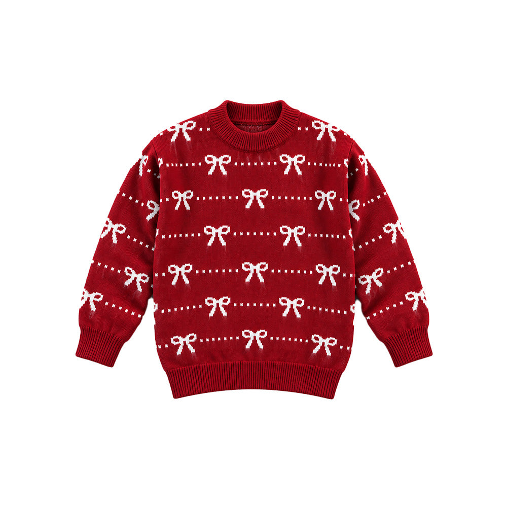 Little Surprise Box, Red White Bow Dotted Knitted Winter Cardigan, Christmas Sweater for Kids