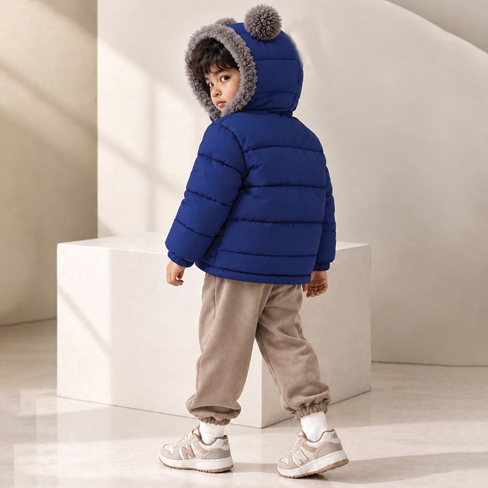 Little Surprise Box Navy Blue Bear-Ear Faux-Fur Hooded Quilted Winter Jacket for Kids