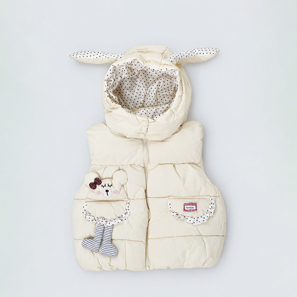 Little Surprise Box Yellow Polka Dots Cute Character-Themed Quilted Hooded Sleeveless Winter Jacket for Kids