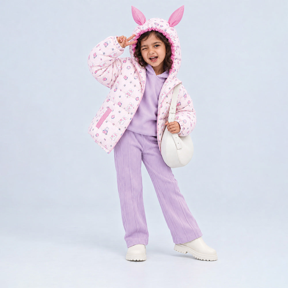 Little Surprise Box Pink Bunny Flower Quilted Hooded Winter Jacket for Kids
