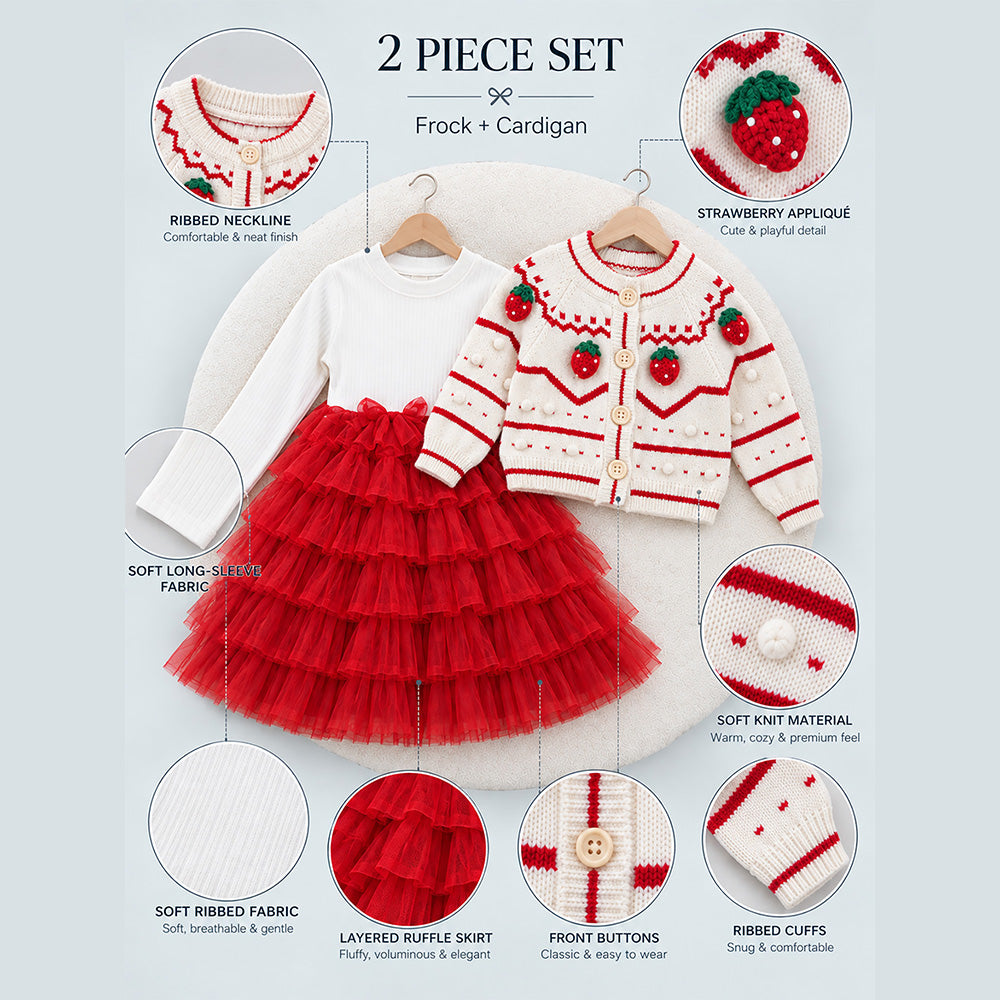 Little Surprise Box, White Strawberry Cardigan & White-Red Ruffle Frock, Winterwear 2 Pcs Set for Girls