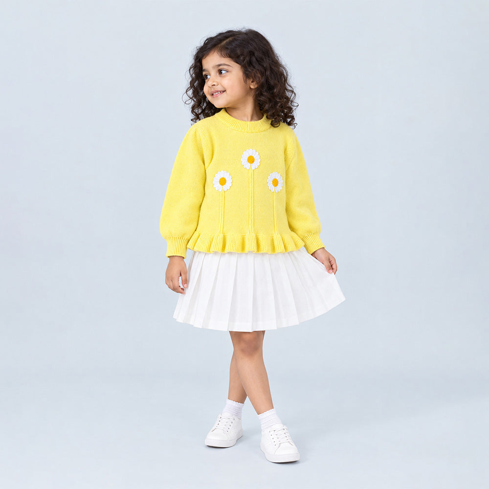 Little Surprise Box, Yellow Daisy Knitted Peplum Winter Cardigan Sweater for Girls