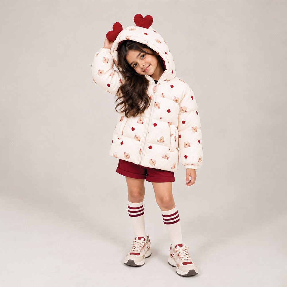 Little Surprise Box Cream & Maroon  Heart Teddy Quilted Hooded Winter Jacket for Kids