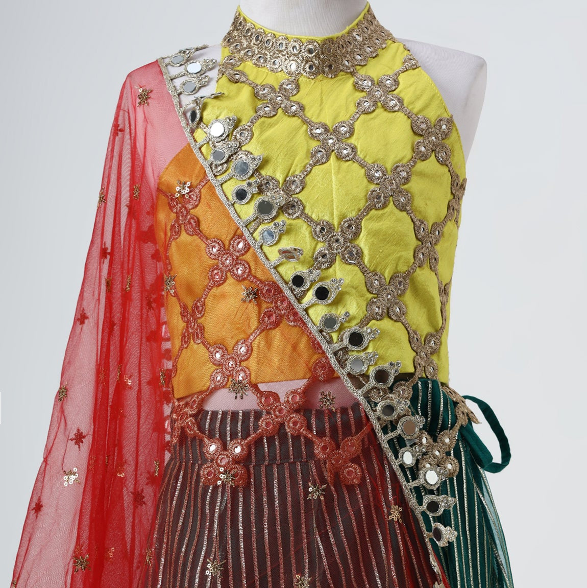 Yellow & Green Organza Mirrorwork Lehenga Set - image 3