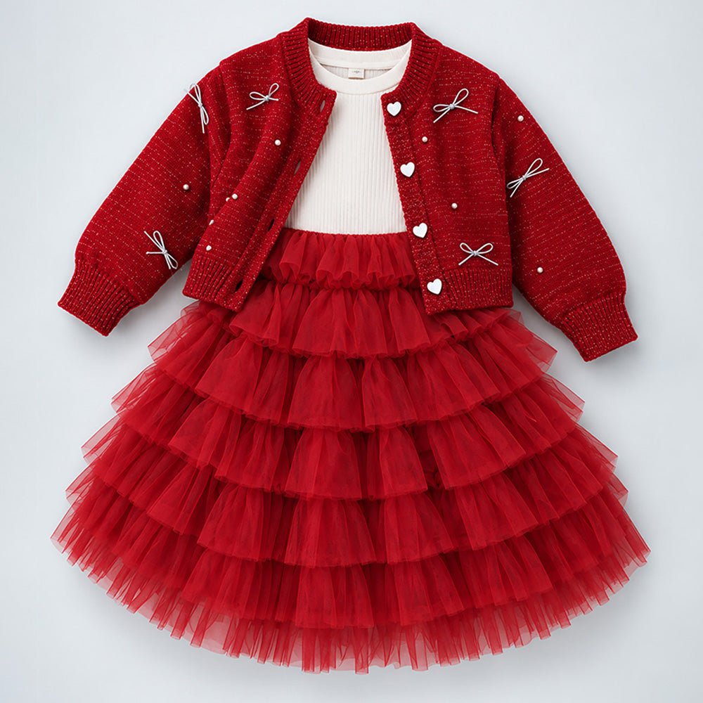 Little Surprise Box, Red Pearl & Silver Bow Cardigan & White-Red Ruffle Frock, Winterwear 2 Pcs Set for Girls