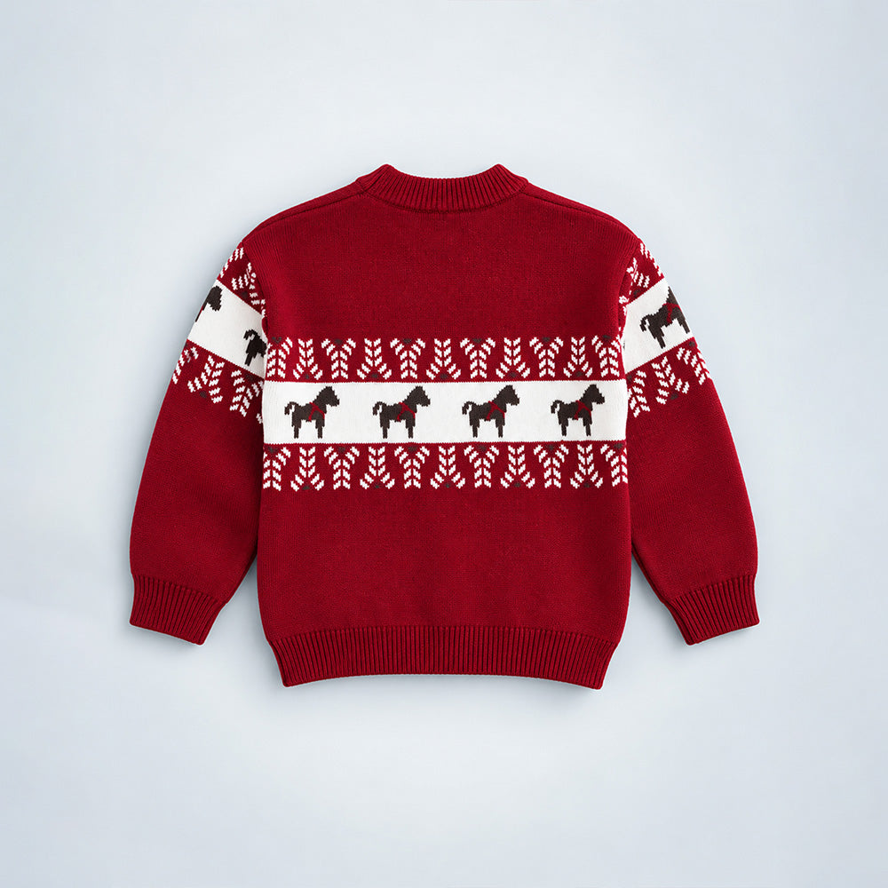 Little Surprise Box, Red Horse Pattern Knitted Winter Cardigan, Christmas Sweater for Kids