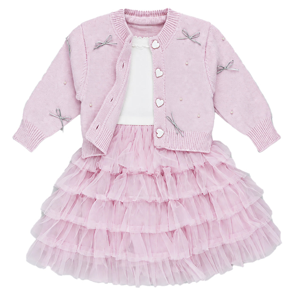 Little Surprise Box, Pink Pearl & Silver Bow Cardigan & White-Pink Ruffle Frock, Winterwear 2 Pcs Set for Girls