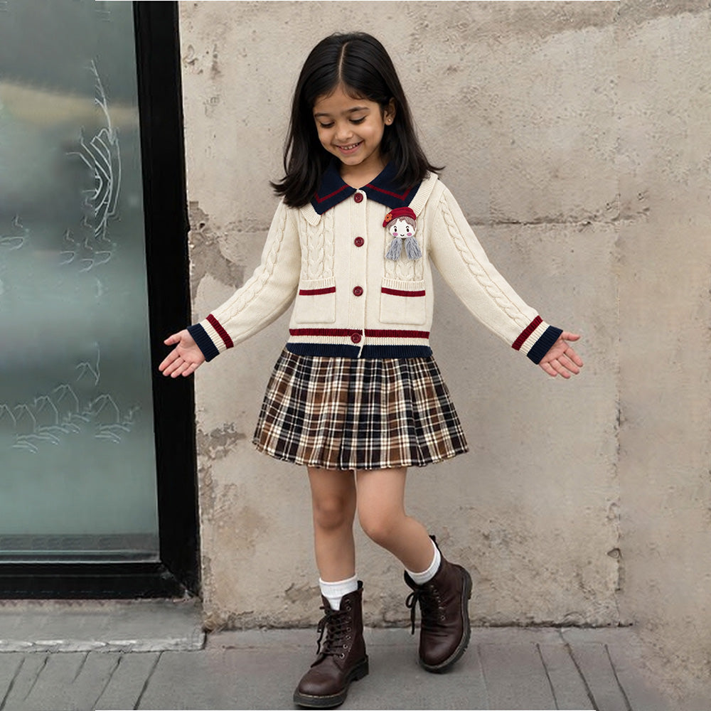 Little Surprise Box, Dusty Beige Cable-Knit Sailor Collar Winter Cardigan Sweater with Detachable Doll Clip for Girls