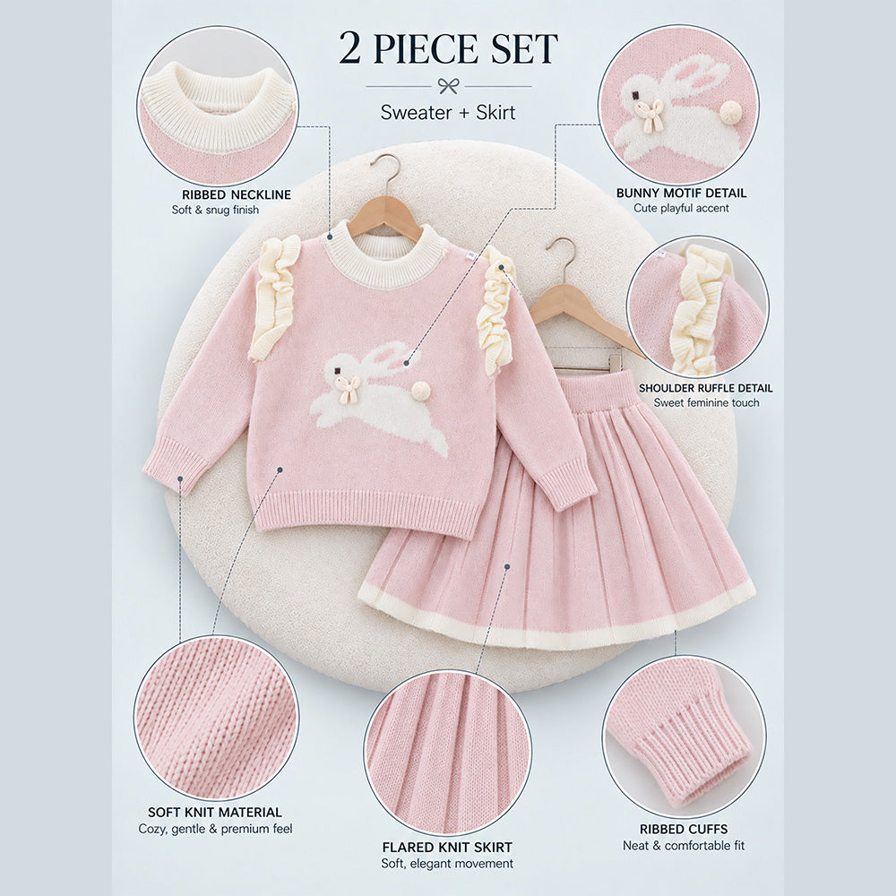 Little Surprise Box, Peach Bunny Sweater & Pleated Skirt, Winterwear 2 Pcs Set for Girls