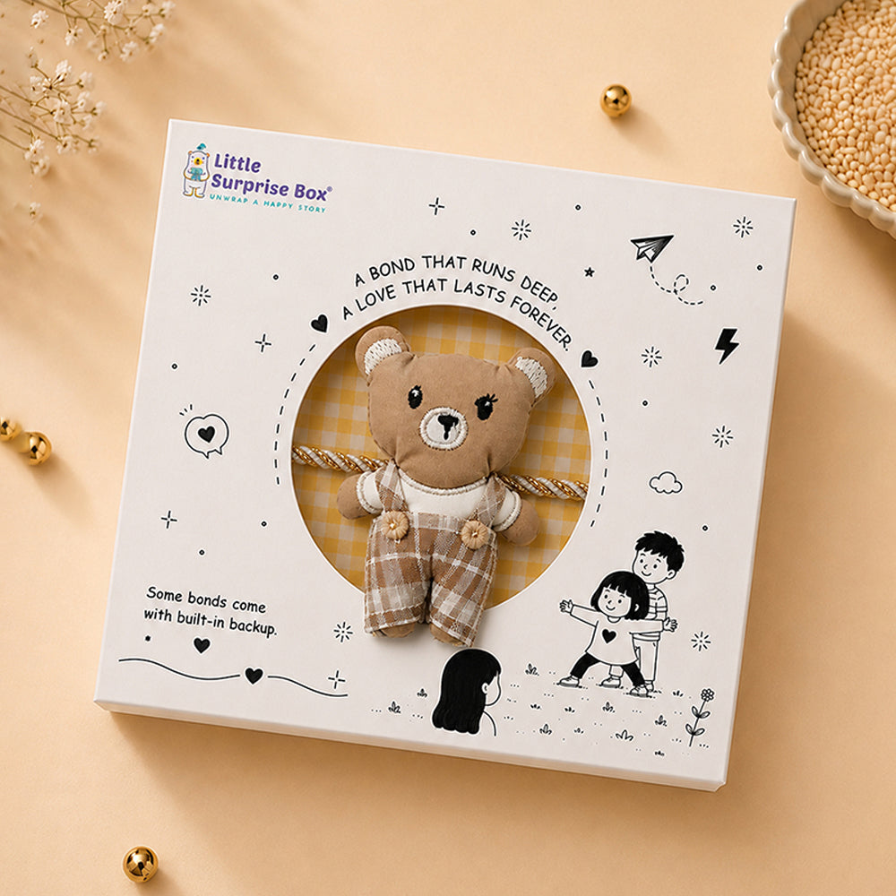 Dual-Style Plush Rakhi & Brooch for Kids - Checks Teddy Bear