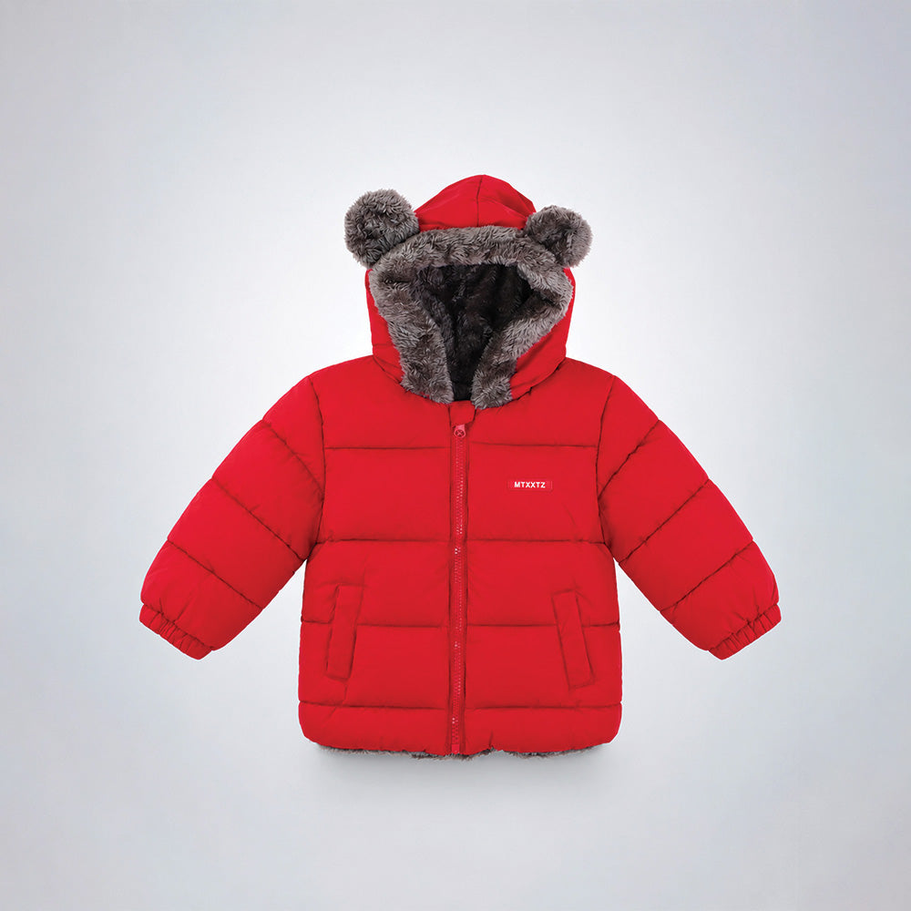 Little Surprise Box Red Bear-Ear Faux-Fur Hooded Quilted Winter Jacket for Kids