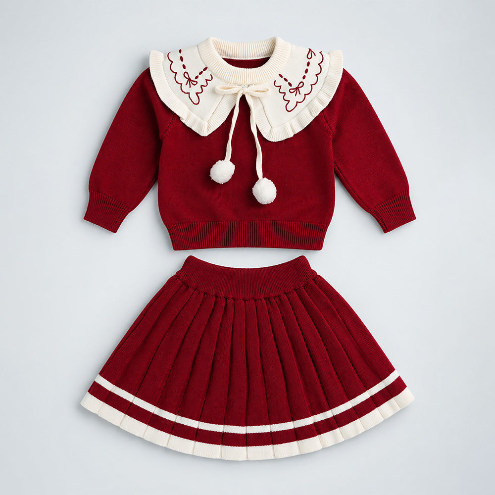 Little Surprise Box, Maroon Ruffle-Collar Sweater & Pleated Skirt with Bow Pom-Pom Clip, Winterwear 2 Pcs Set for Girls