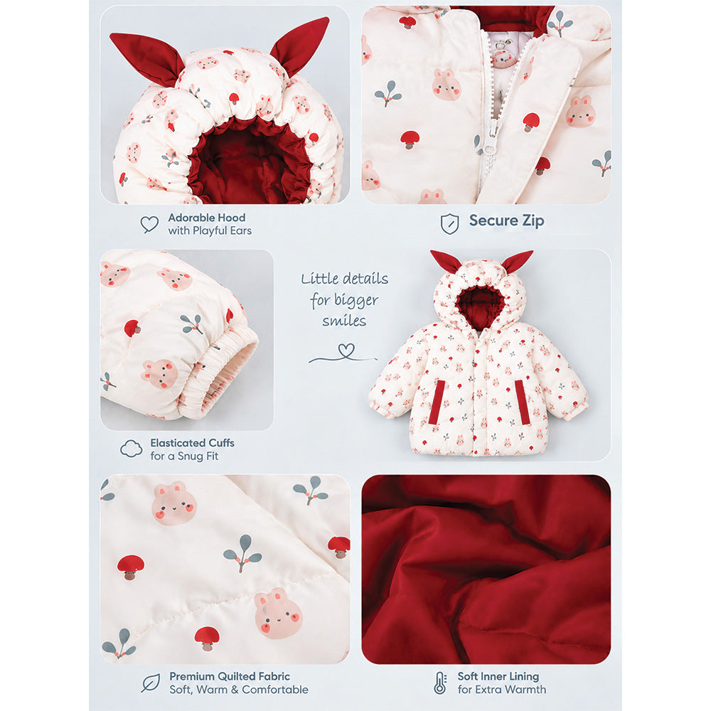 Little Surprise Box Cream & Brown Bunny Mushroom Quilted Hooded Winter Jacket for Kids