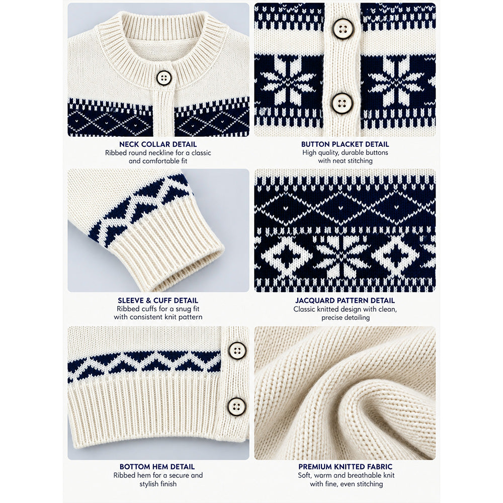 Little Surprise Box, Cream & Navy Blue Nordic Pattern Winter Cardigan Sweater for Kids