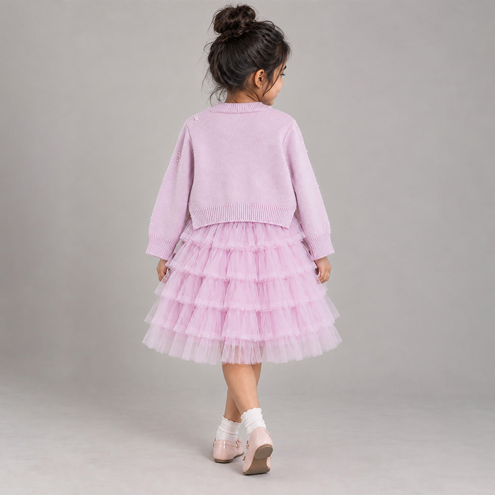 Little Surprise Box, Pink Pearl & Silver Bow Cardigan & White-Pink Ruffle Frock, Winterwear 2 Pcs Set for Girls