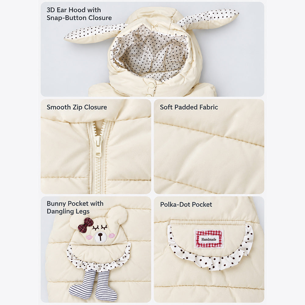Little Surprise Box Yellow Polka Dots Cute Character-Themed Quilted Hooded Sleeveless Winter Jacket for Kids