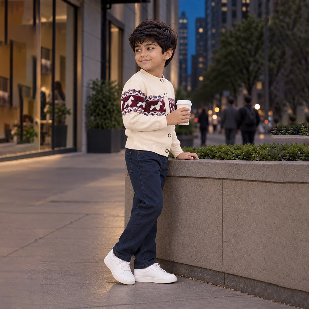 Little Surprise Box, Cream, Maroon & Navy Pattern Knitted Winter Cardigan, Christmas Sweater for Kids