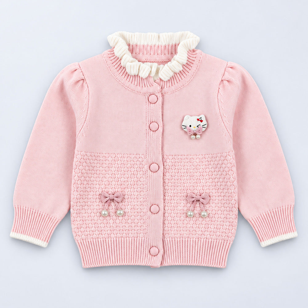 Little Surprise Box, Peach Ruffle Neck Cat Bow Knitted Winter Cardigan Sweater for Girls