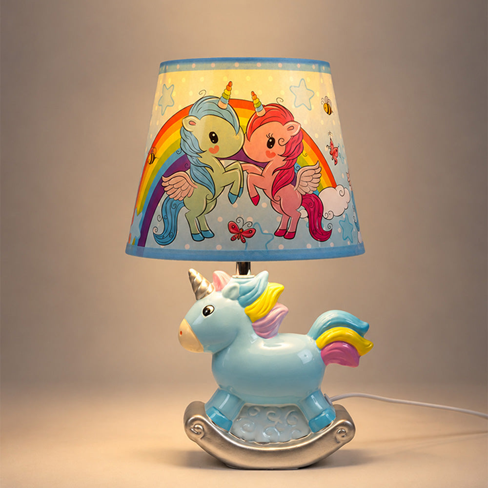 Little Surprise Box, Pink ceramic Rocking Unicorn side Bed Table Lamp, Kids Room Decor