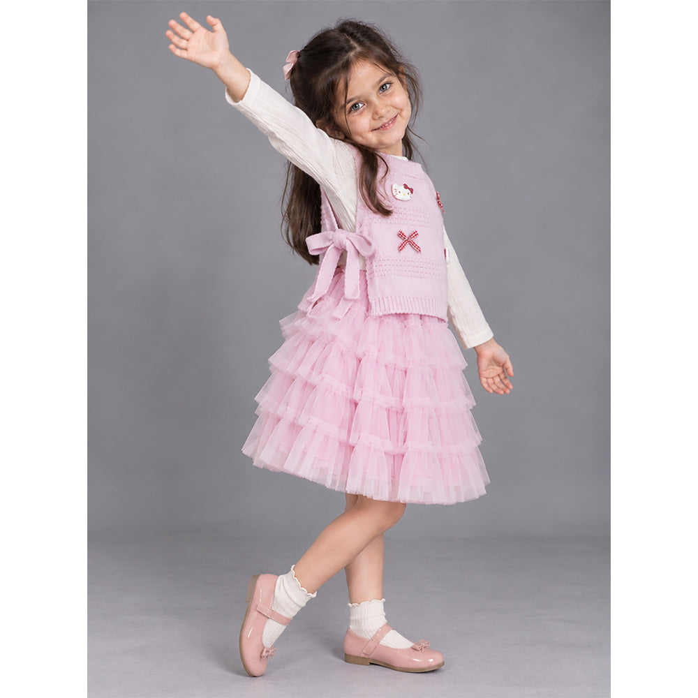 Little Surprise Box, Pink Kitty Knitted Vest & White-Pink Ruffle Frock Winterwear 2 Pcs Set for Girls