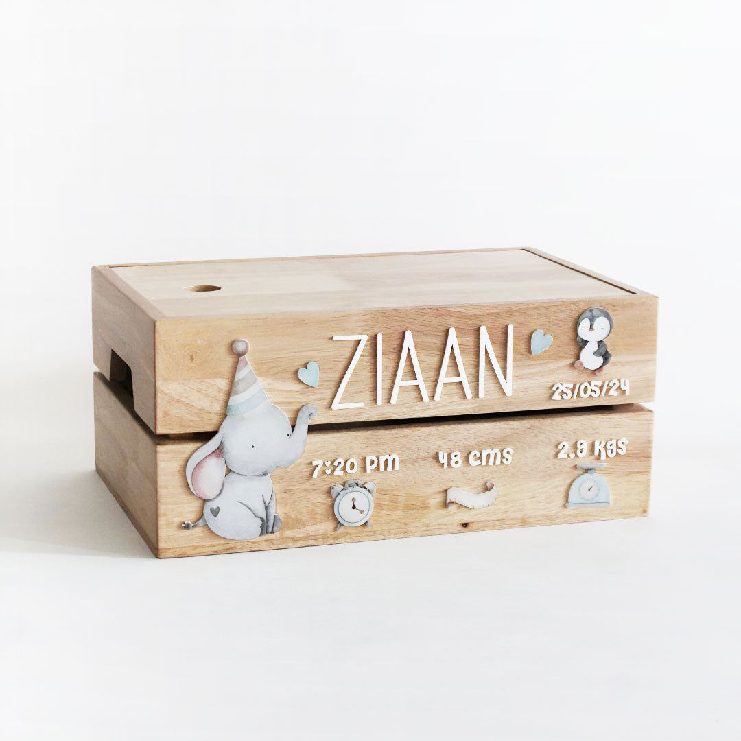 Personalized Wooden Storage Box - Multiple Designs - Birth Statistics Boy Theme - image 1