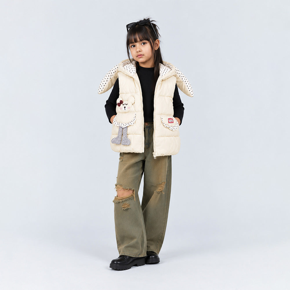 Little Surprise Box Yellow Polka Dots Cute Character-Themed Quilted Hooded Sleeveless Winter Jacket for Kids