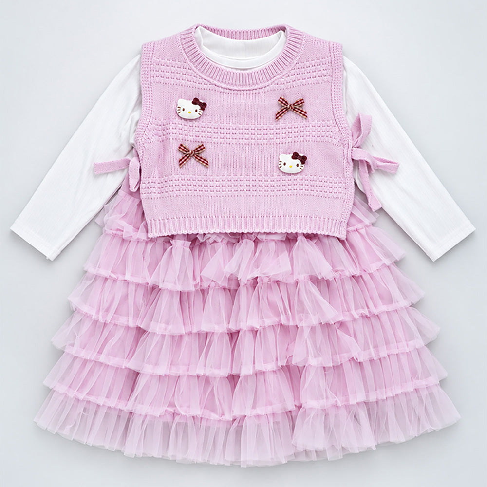 Little Surprise Box, Pink Kitty Knitted Vest & White-Pink Ruffle Frock Winterwear 2 Pcs Set for Girls