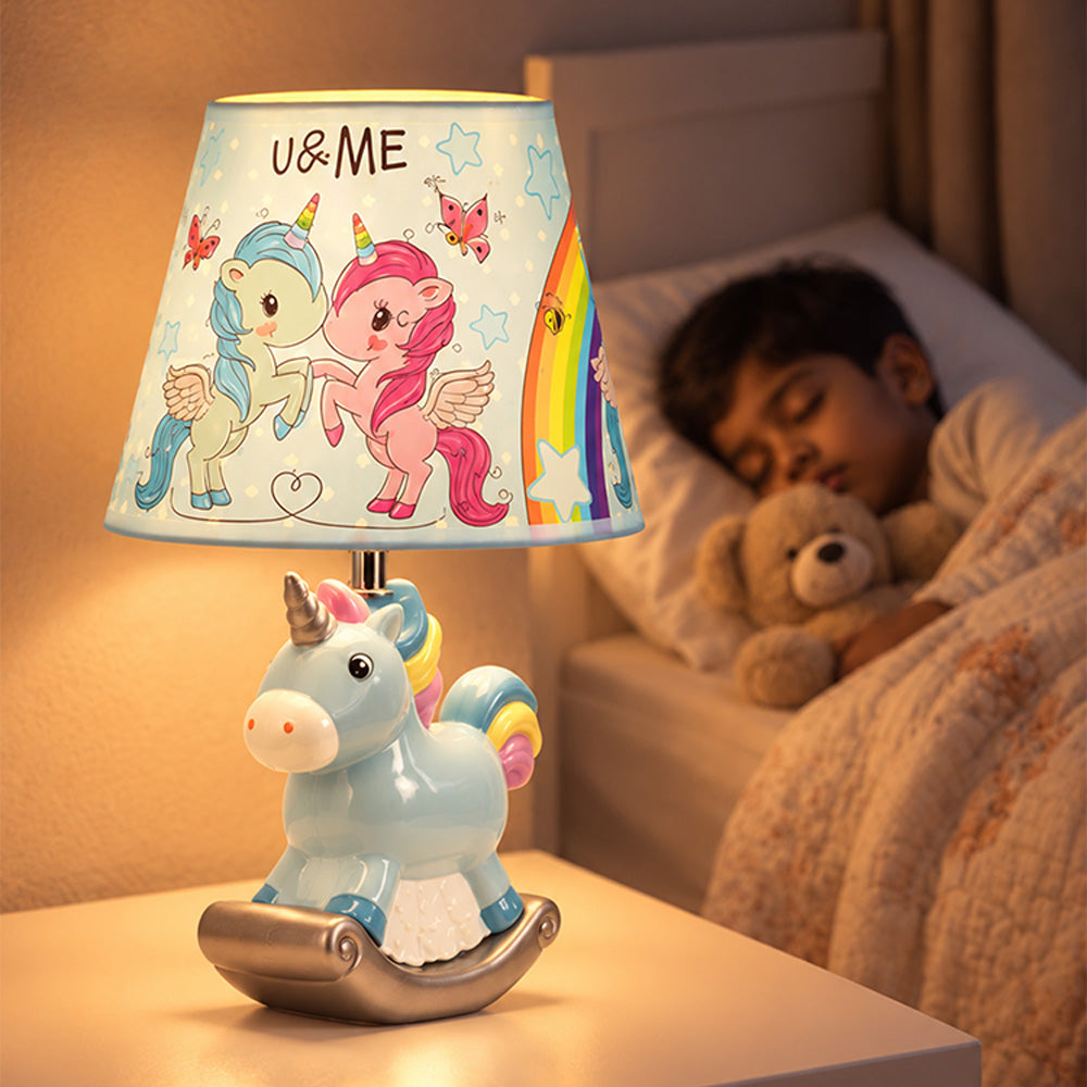 Little Surprise Box, Pink ceramic Rocking Unicorn side Bed Table Lamp, Kids Room Decor