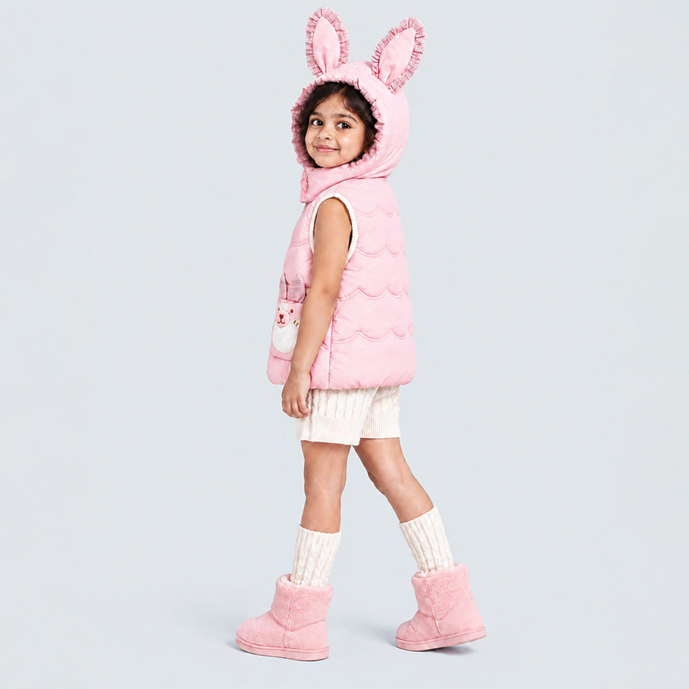 Little Surprise Box Peach Bunny-Themed Quilted Hooded Sleeveless Winter Jacket for Kids