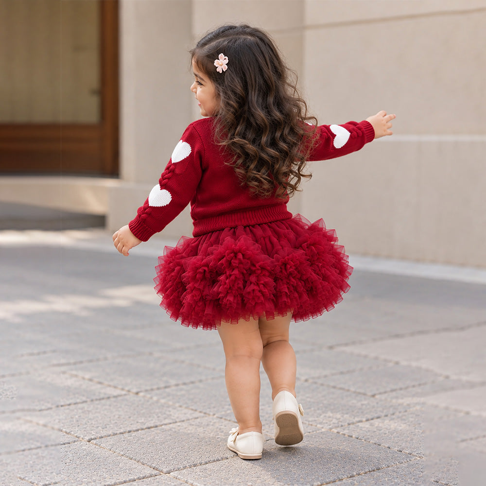 Little Surprise Box, Maroon Heart & Bow Sweater with Fluffy Ruffle Skirt, Winterwear, 2 Pcs Set for Girls