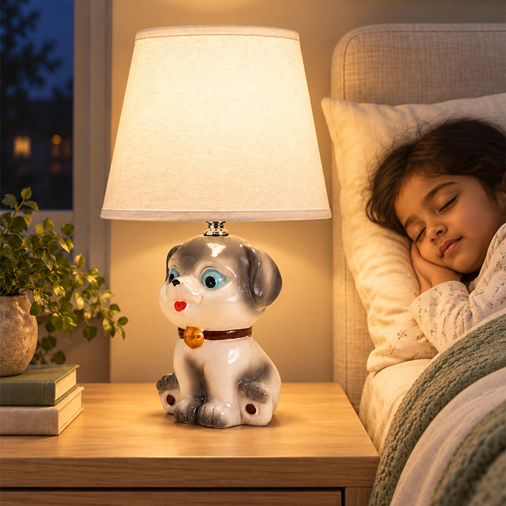 Little Surprise Box, Brown ceramic Dog side Bed Table Lamp, Kids Room Decor