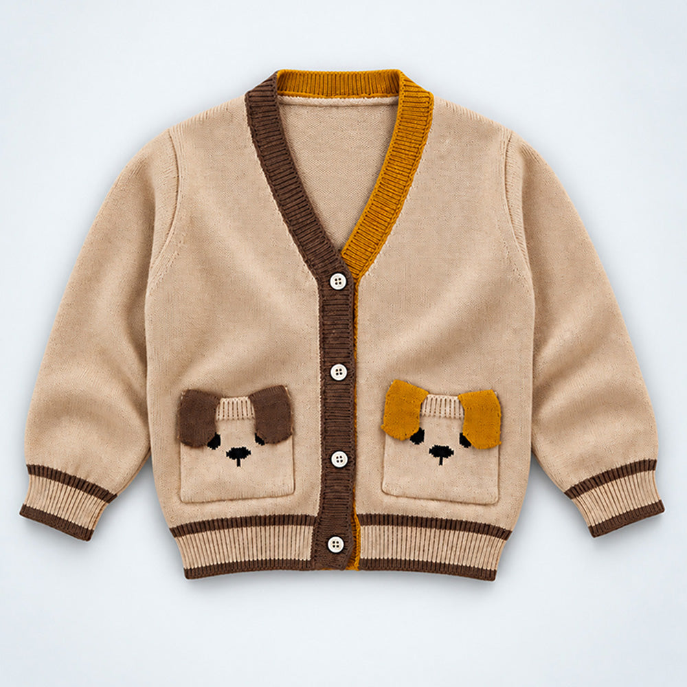 Little Surprise Box, Beige V-Neck Puppy Pocket V Neck Winter Cardigan Sweater for Kids