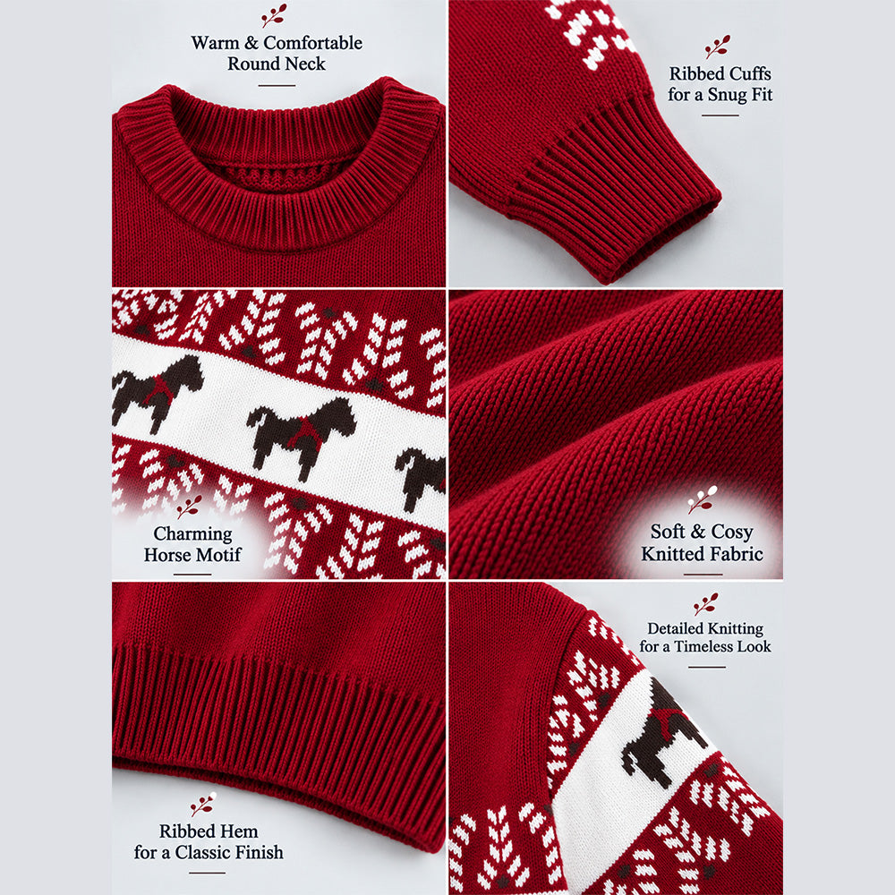 Little Surprise Box, Red Horse Pattern Knitted Winter Cardigan, Christmas Sweater for Kids