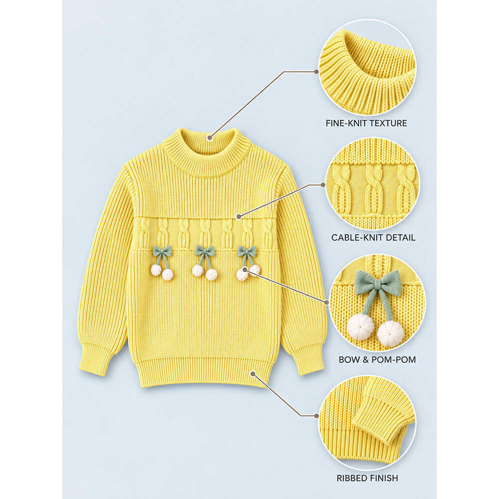 Little Surprise Box, Yellow Bow & Pom-Pom Knitted Winter Cardigan Sweater for Girls